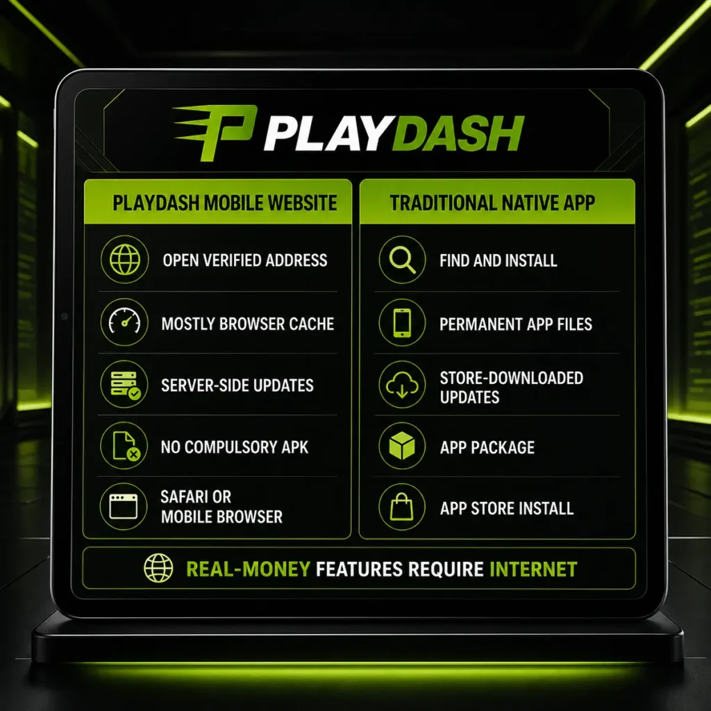 PlayDash mobile website and traditional native app feature comparison
