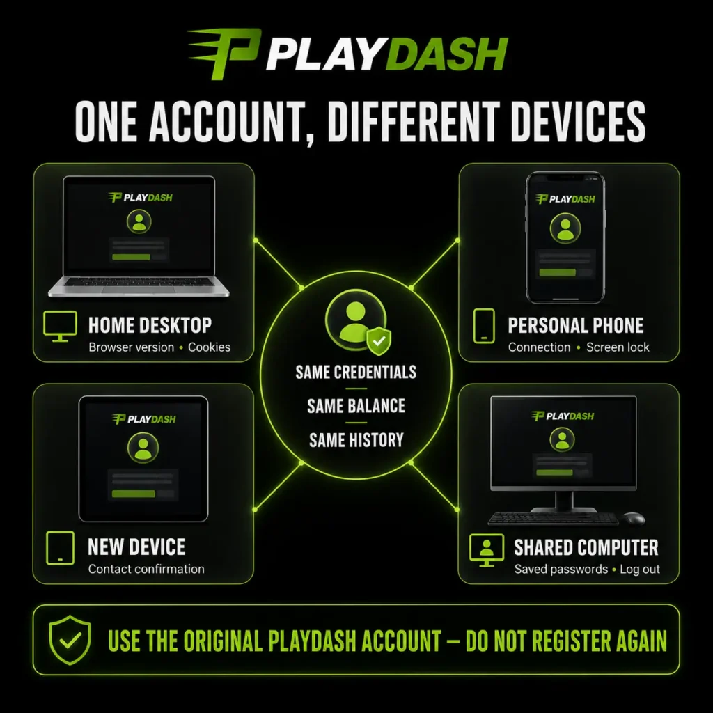One PlayDash account with the same credentials, balance and history across devices