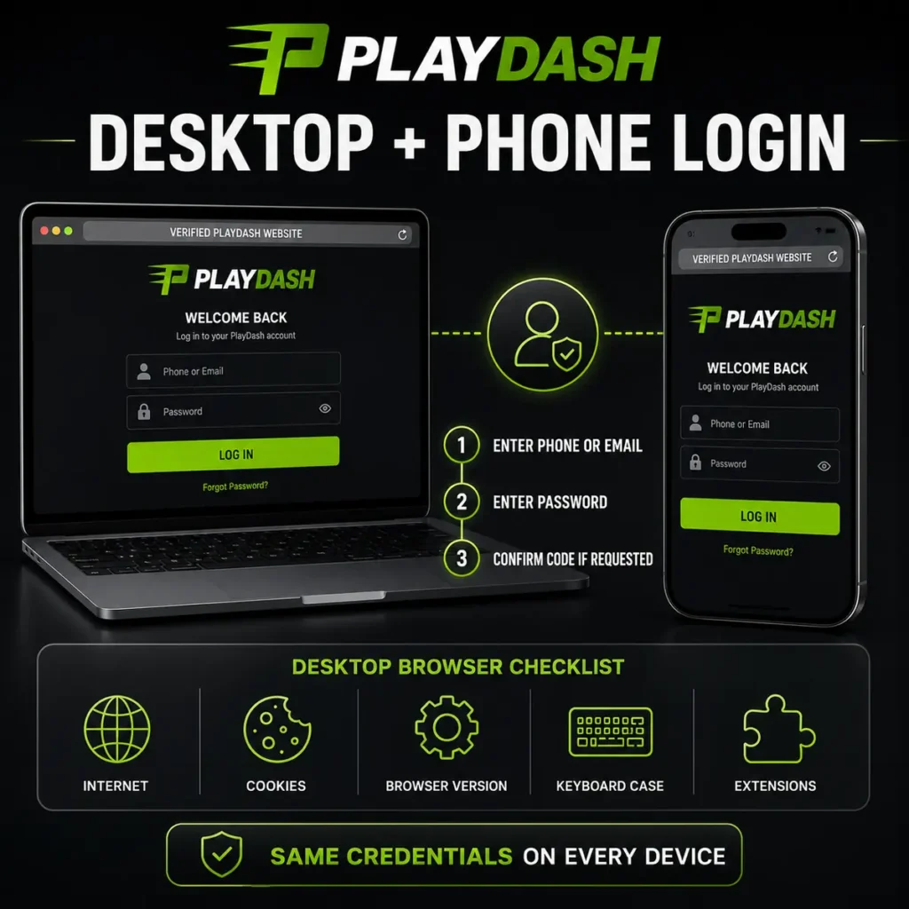 PlayDash desktop and mobile login steps with browser preparation checks