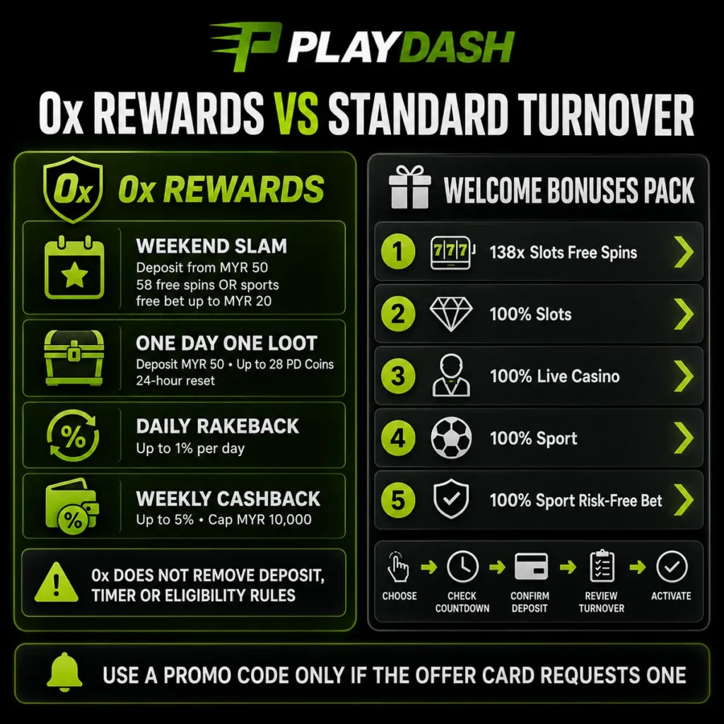 Comparison of 0x PlayDash rewards and Welcome Bonuses Pack turnover conditions