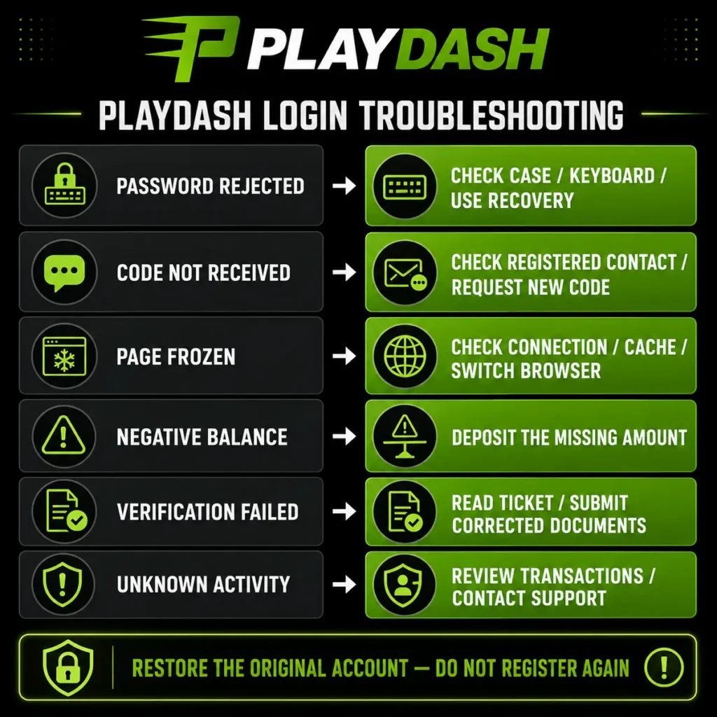 PlayDash login problems and recommended troubleshooting actions