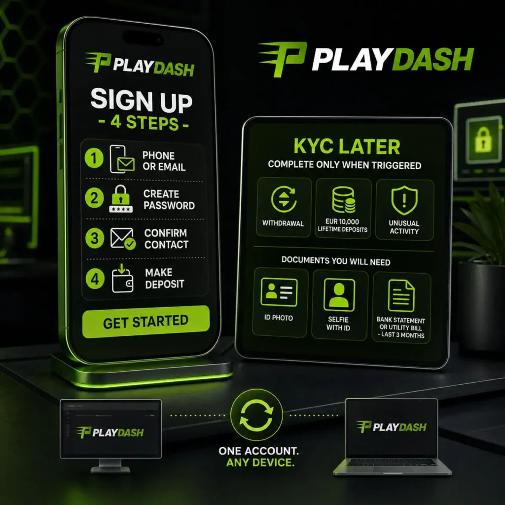 PlayDash mobile registration steps and later KYC verification requirements