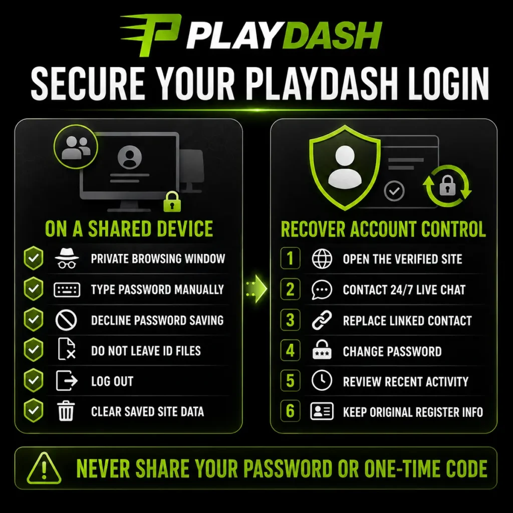 PlayDash login safety on shared computers and account recovery steps